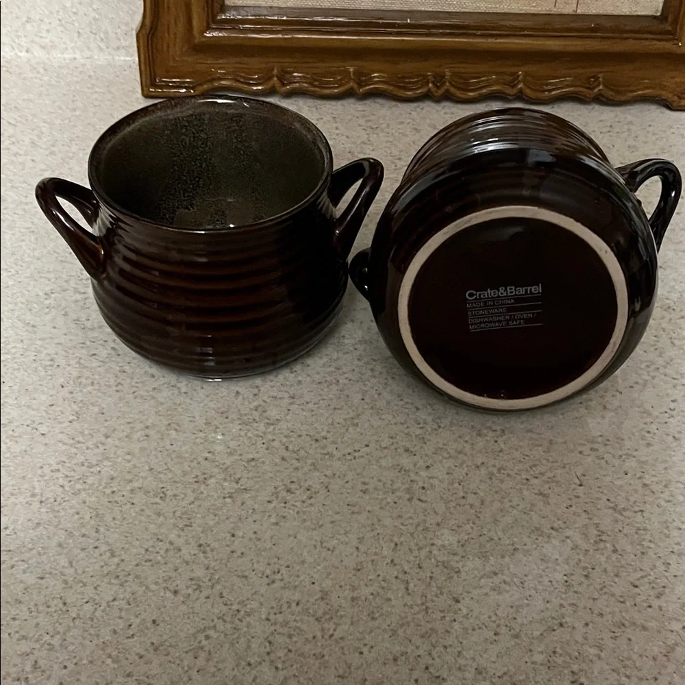 Crate&Barrel Dark Brown Ceramic Bowls with Handles